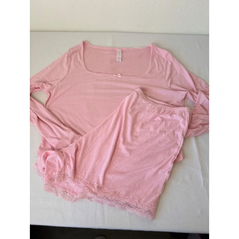 Auden Pink Ribbed Pajama Set Long Sleeve Top Lace Trim Shorts‎ XXL new
